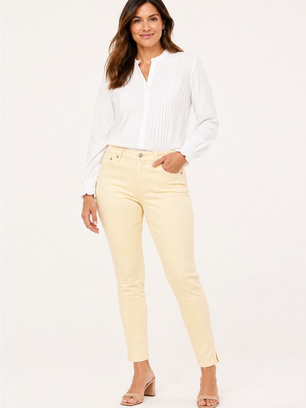 NYDJ Ami Skinny Ankle Jeans Butter Yellow Lift Tuck Side Slit Size 12